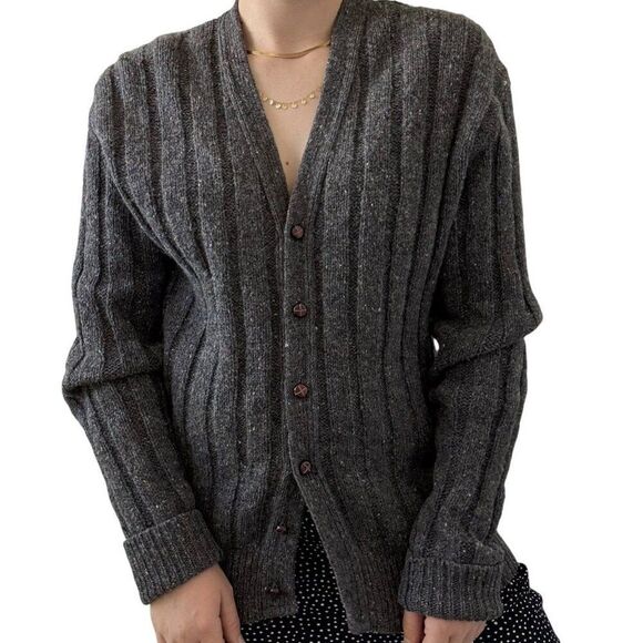 Vintage 1970s Kreeger Unisex Gray Donegal Wool Dark Academia Chunky Cardigan L - Picture 3 of 11